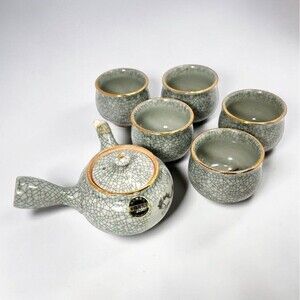 Vintage Japanese Somayaki Soma Ware 6pc Tea Set Green Crackle Glaze Gold Horse